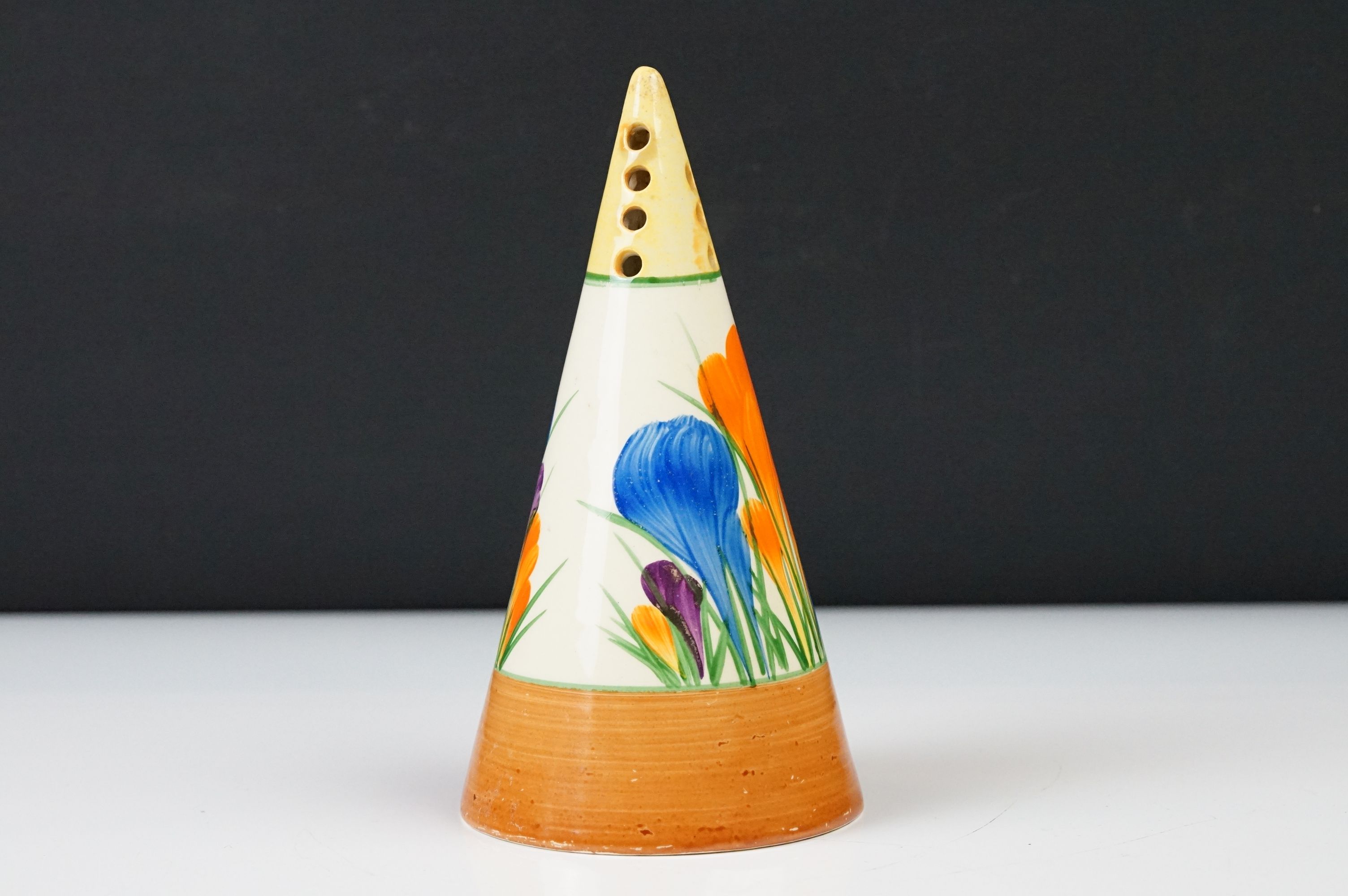 Clarice Cliff Pottery Bizarre Conical Sugar Shaker in the crocus pattern, 14cm high - Image 4 of 6