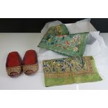 Two Chinese embroidered silks together with a pair of vintage beaded Nyonya wedding slippers.