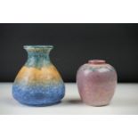 Two Ruskin Pottery Vases, one with green ochre and blue mottled glaze, dated 1930, 12cm high, the