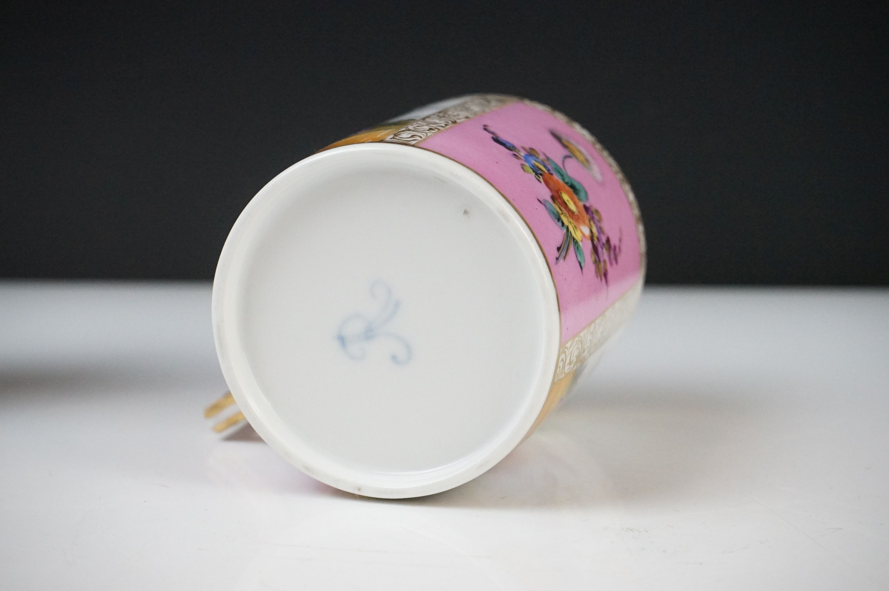 Continental Porcelain ' Augustus Rex ' Large Coffee Can and Saucer decorated with panels of courting - Image 9 of 13