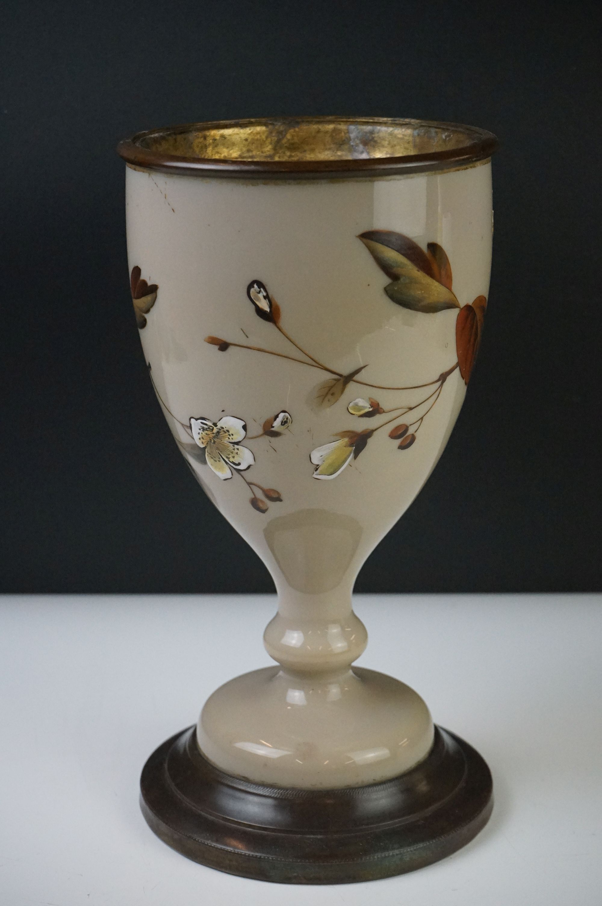 Victorian Opaque Glass and Brass Oil Lamp Base, the glass over-painted with birds within branches, - Image 4 of 9