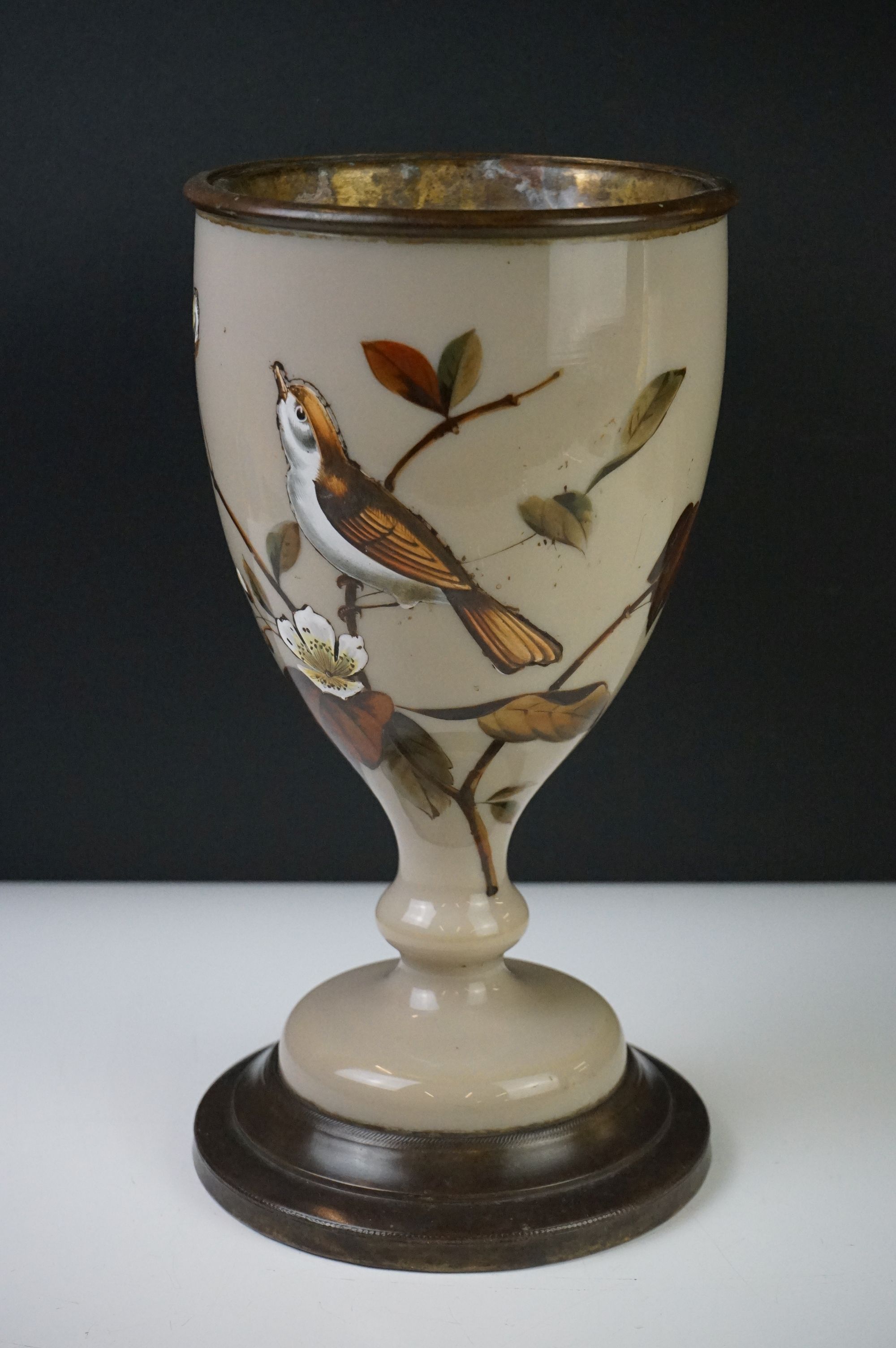 Victorian Opaque Glass and Brass Oil Lamp Base, the glass over-painted with birds within branches, - Image 6 of 9