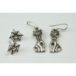 Two Pairs of Silver Earrings to include Cats and Spider Webb