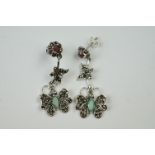 Pair of Silver Marcasite, Ruby and Emerald Butterfly Drop Earrings
