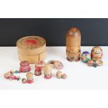 Chinese Wooden Stacking Dolls together with a Treen Circular Lidded Box with Various Stacking