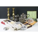 A collection of mixed metalware to include brass candlesticks, silver plated teapot, pewter tea
