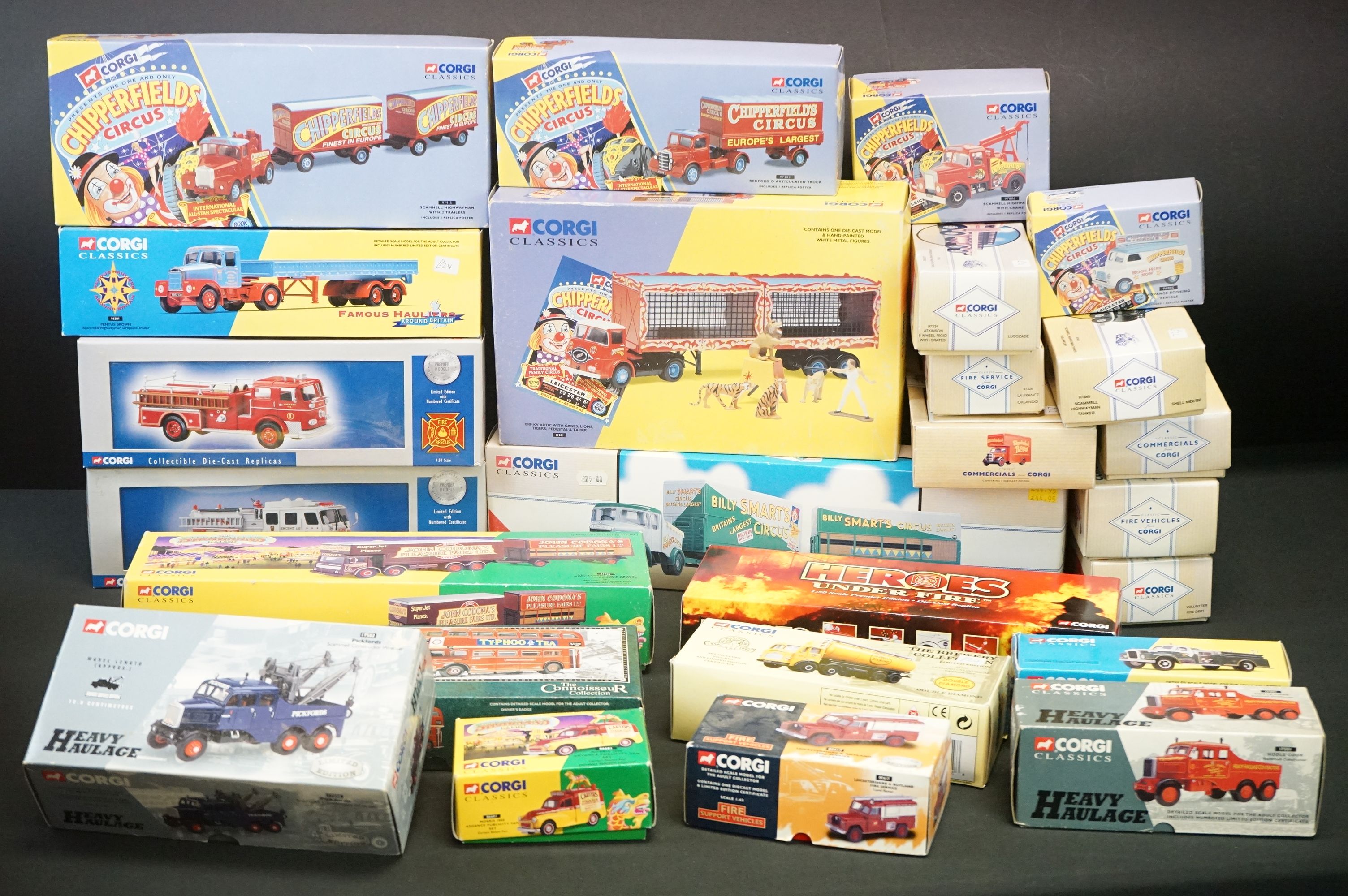 25 Boxed Corgi Classics diecast models to include 5 x Chipperfields Circus (11201 ERF KV Artic