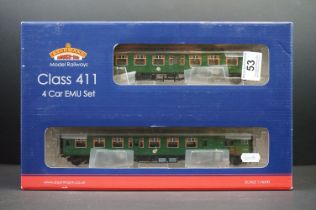 Boxed Bachmann OO gauge 31-426A Late SR Multiple Unit Green with yellow warning panels 4 Car EMU Set