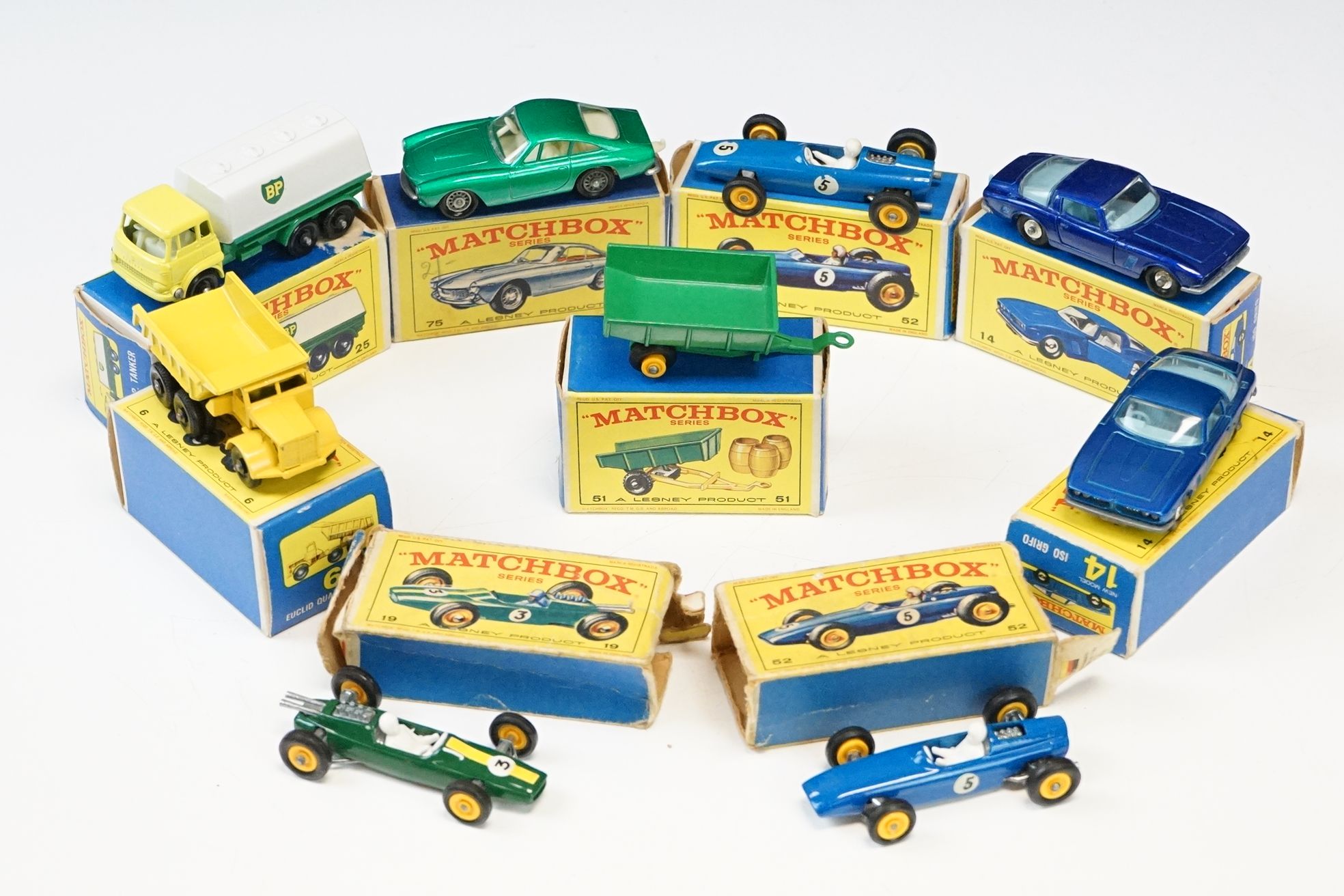 Nine boxed Matchbox Series diecast models to include 25 BP Tanker, 6 Euclid Quarry Truck, 51 Tipping