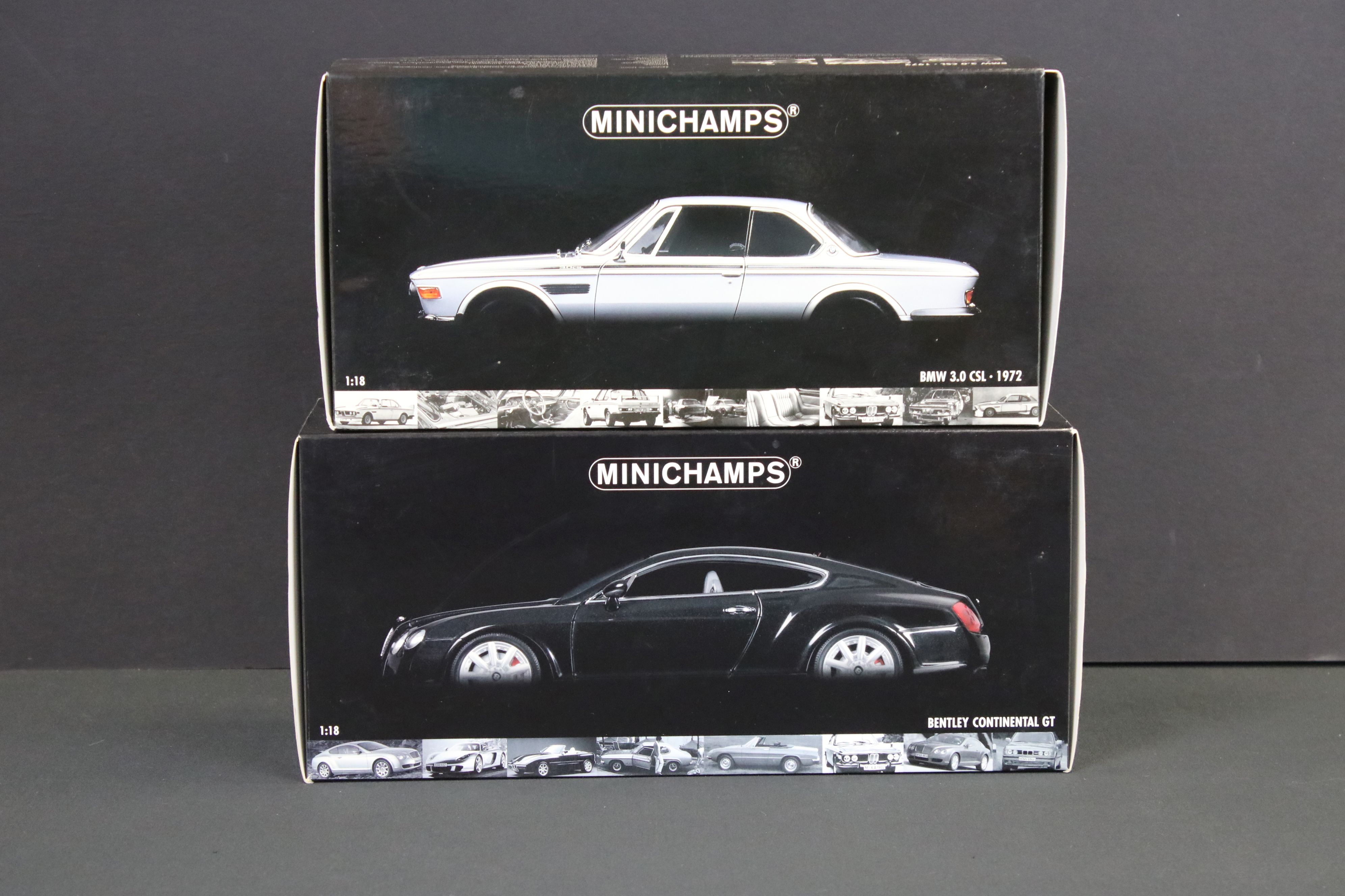 Two boxed Pauls Model Art MiniChamps 1/18 diecast models to include 180029020 BMW 3.0 CSL 1972