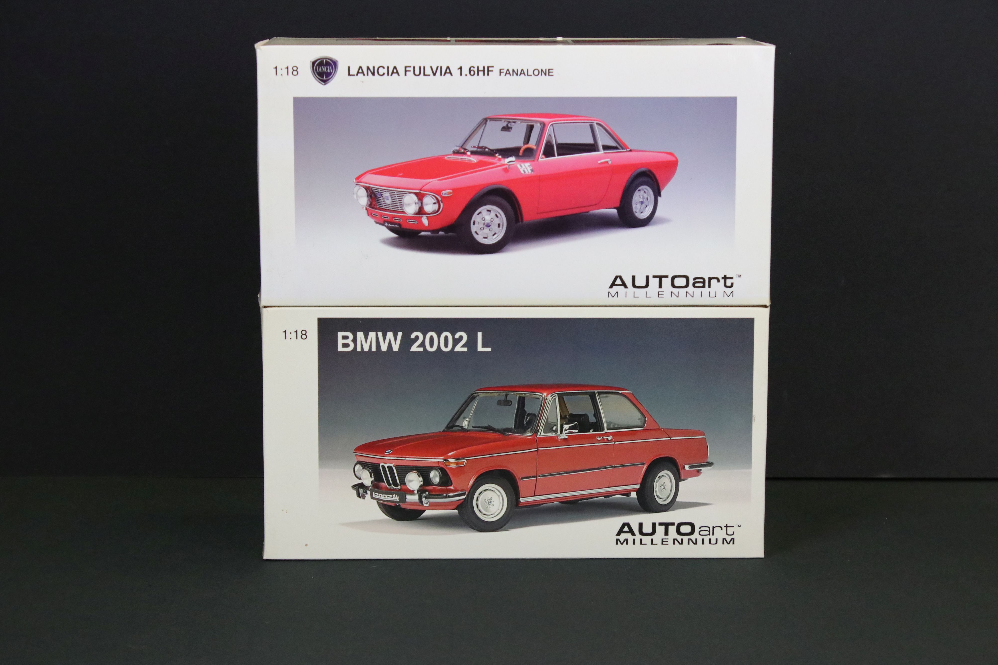 Two boxed AutoArt Millennium 1/18 diecast models to include BMW 2002 L and Lancia Fulvia 1.6HF