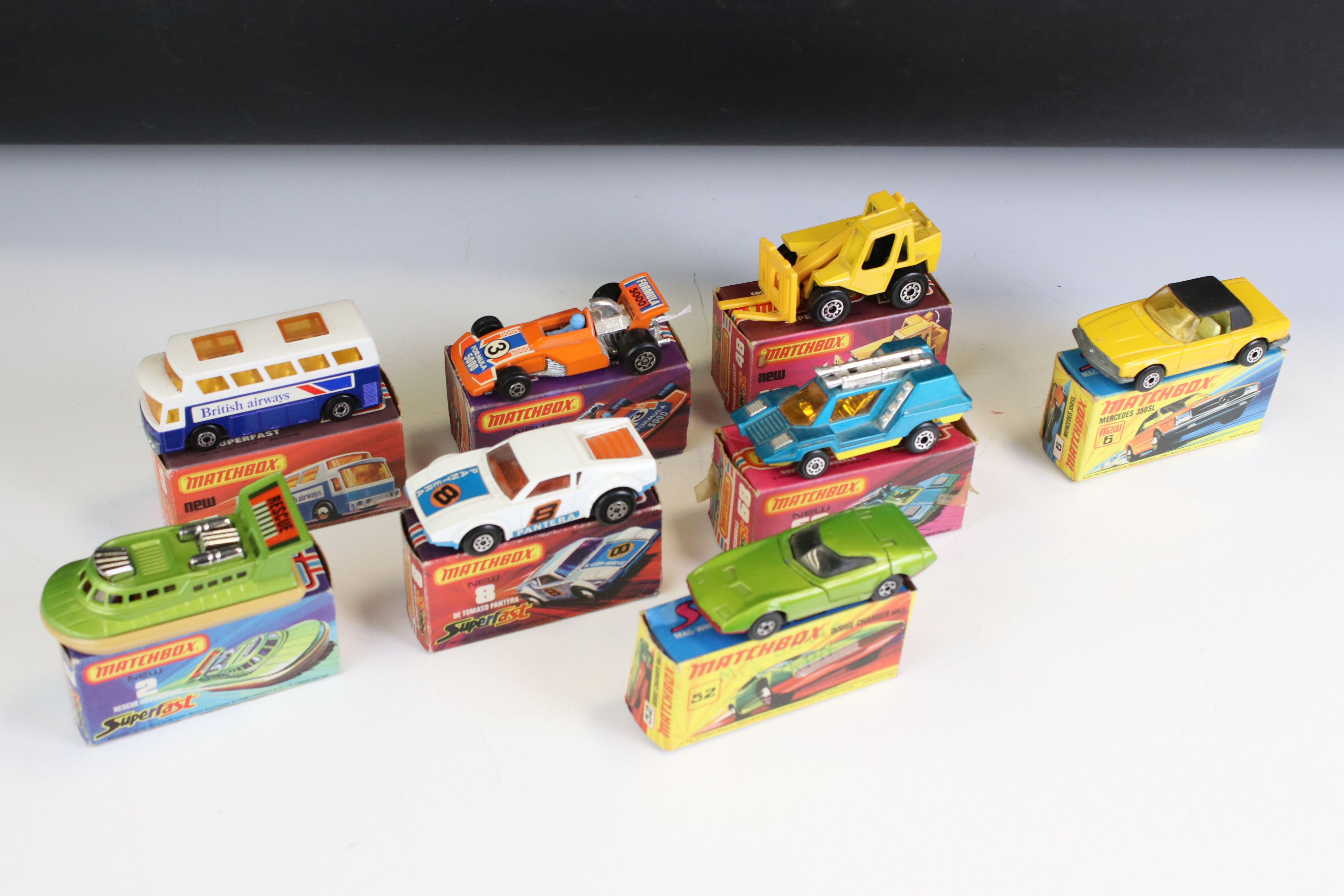 Eight boxed Matchbox Superfast diecast models to include 68 Cosmobile, 8 De Tomaso Pantera, 2 Rescus