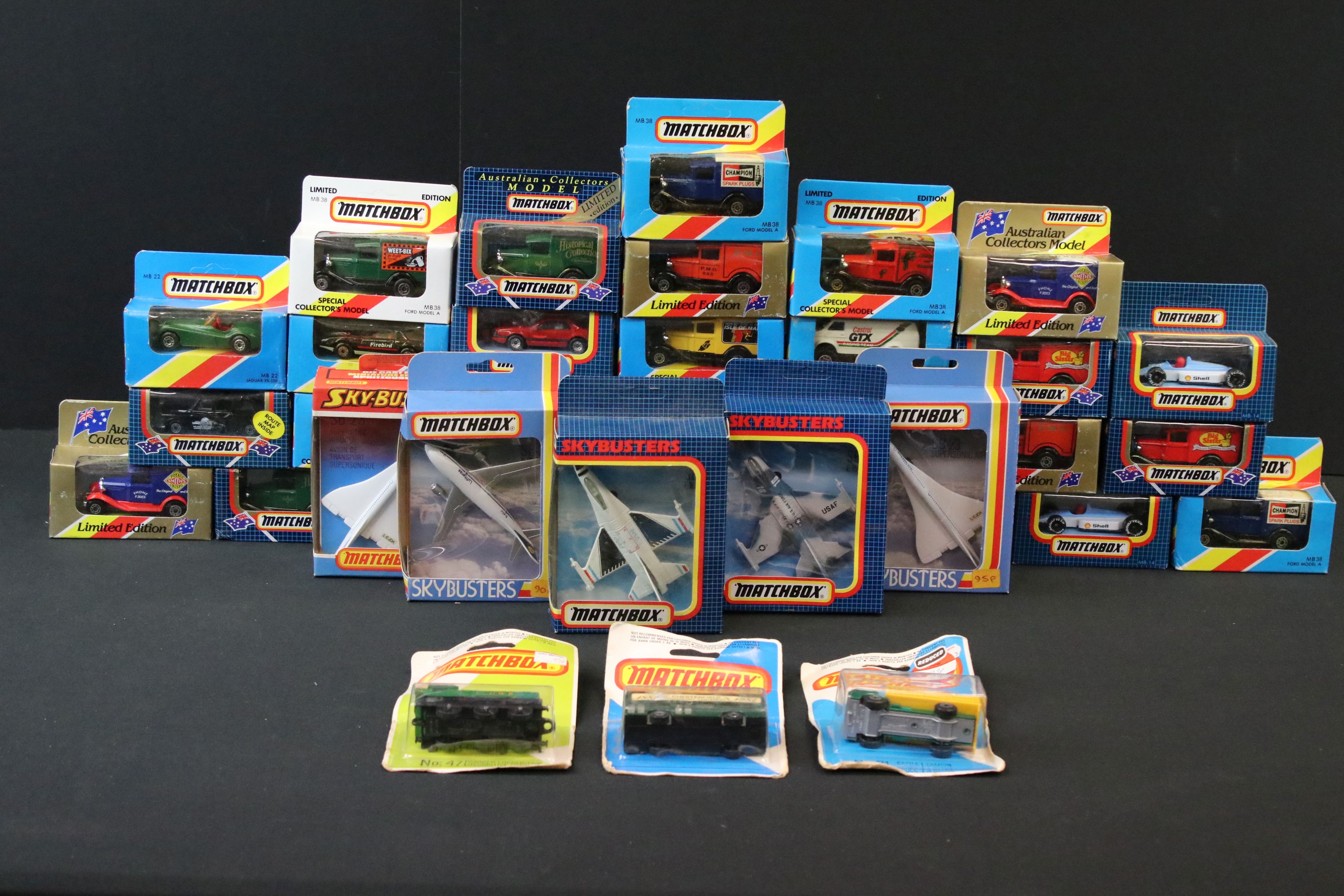 35 Boxed / carded Matchbox diecast models, circa 1980's, to include 5 x Skybusters (2 x SB-23, 2 x