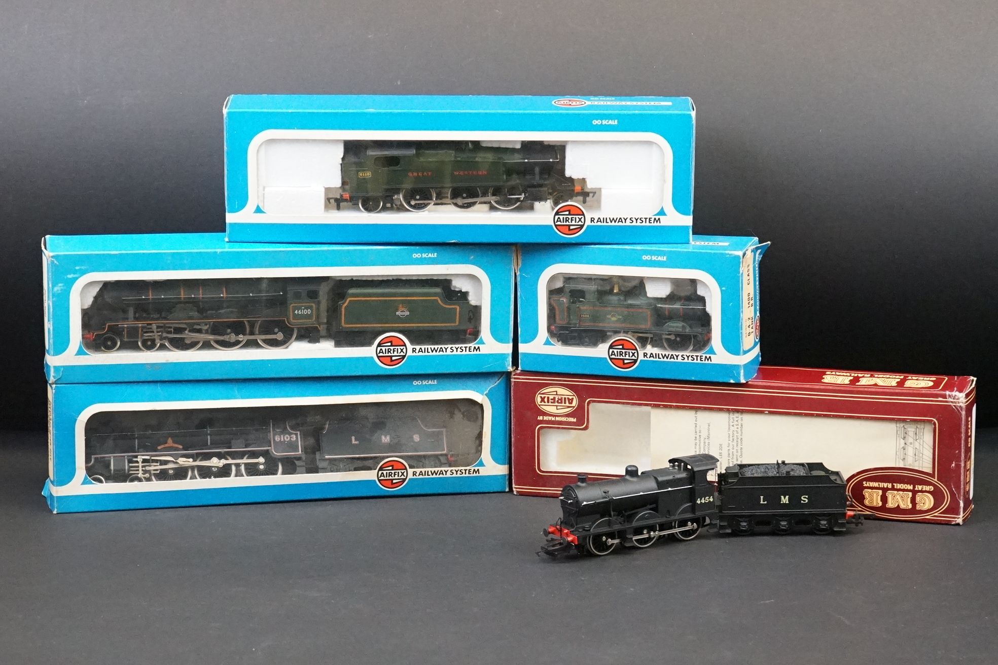 Five boxed Airfix OO gauge locomotives to include 54150-1 Prairie Tank Loco 2-6-2 GWR green