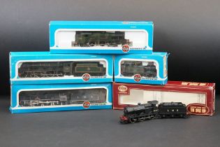 Five boxed Airfix OO gauge locomotives to include 54150-1 Prairie Tank Loco 2-6-2 GWR green