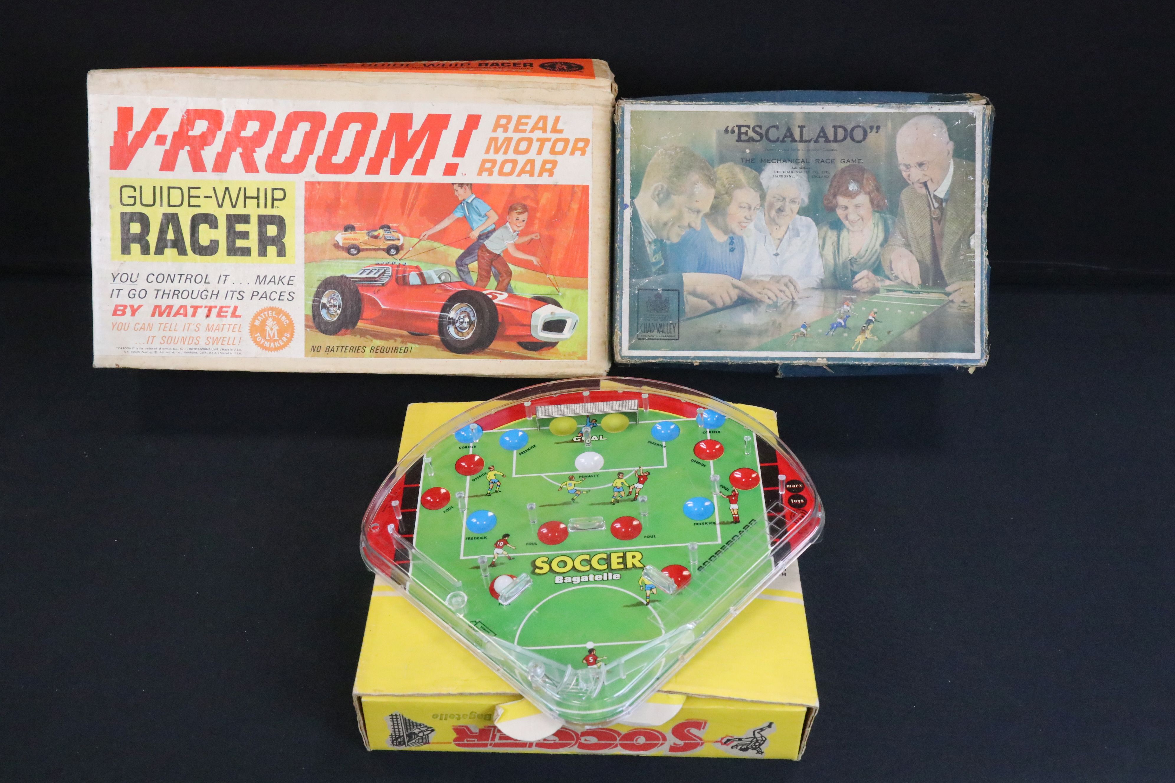 Three vintage toys & games to include boxed Mattel V-Rroom Guide Whip Racer Car in red, early Chad