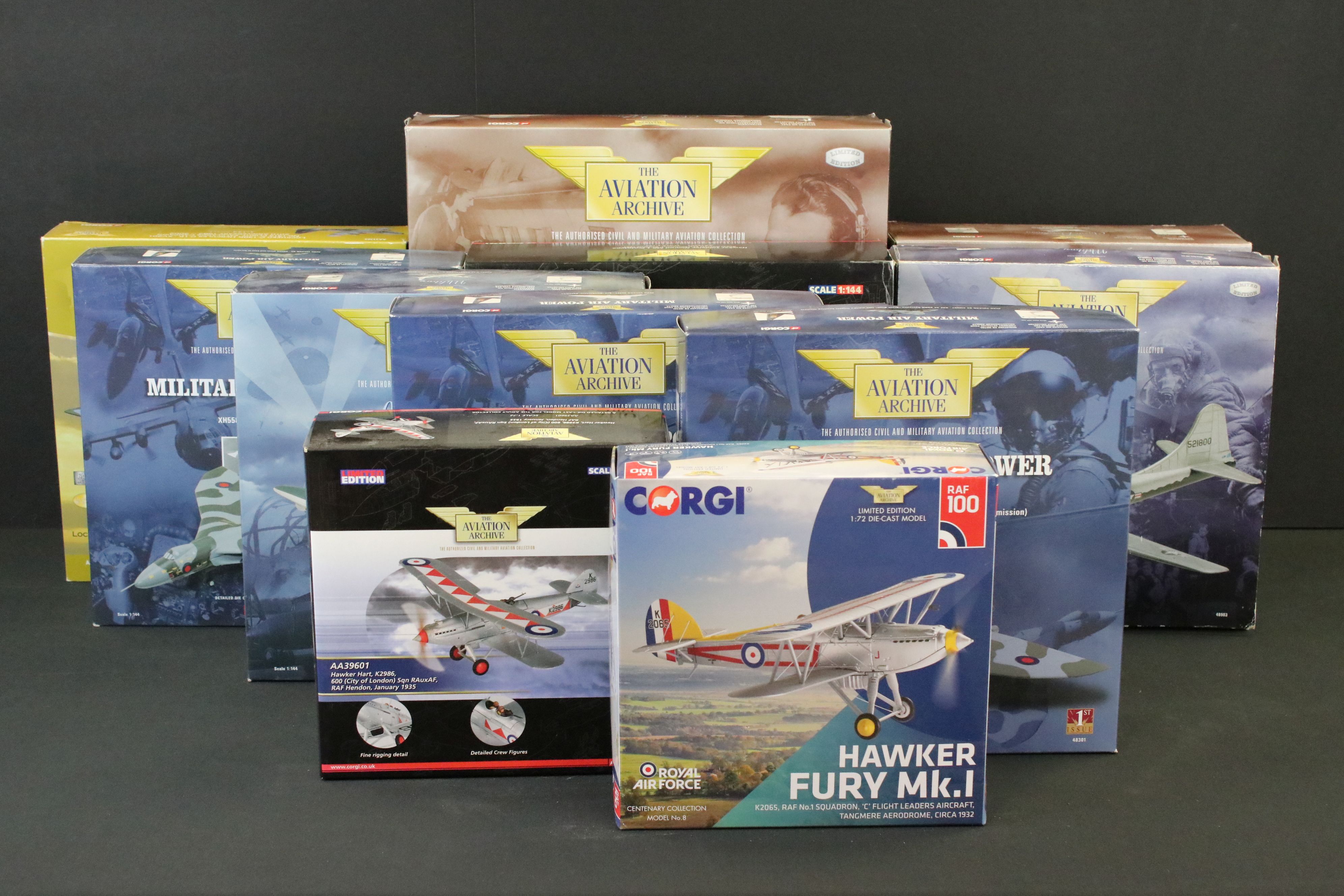 11 Boxed Corgi ' The Aviation Archive ' diecast models to include 2 x 1:72 scale ltd edn examples (