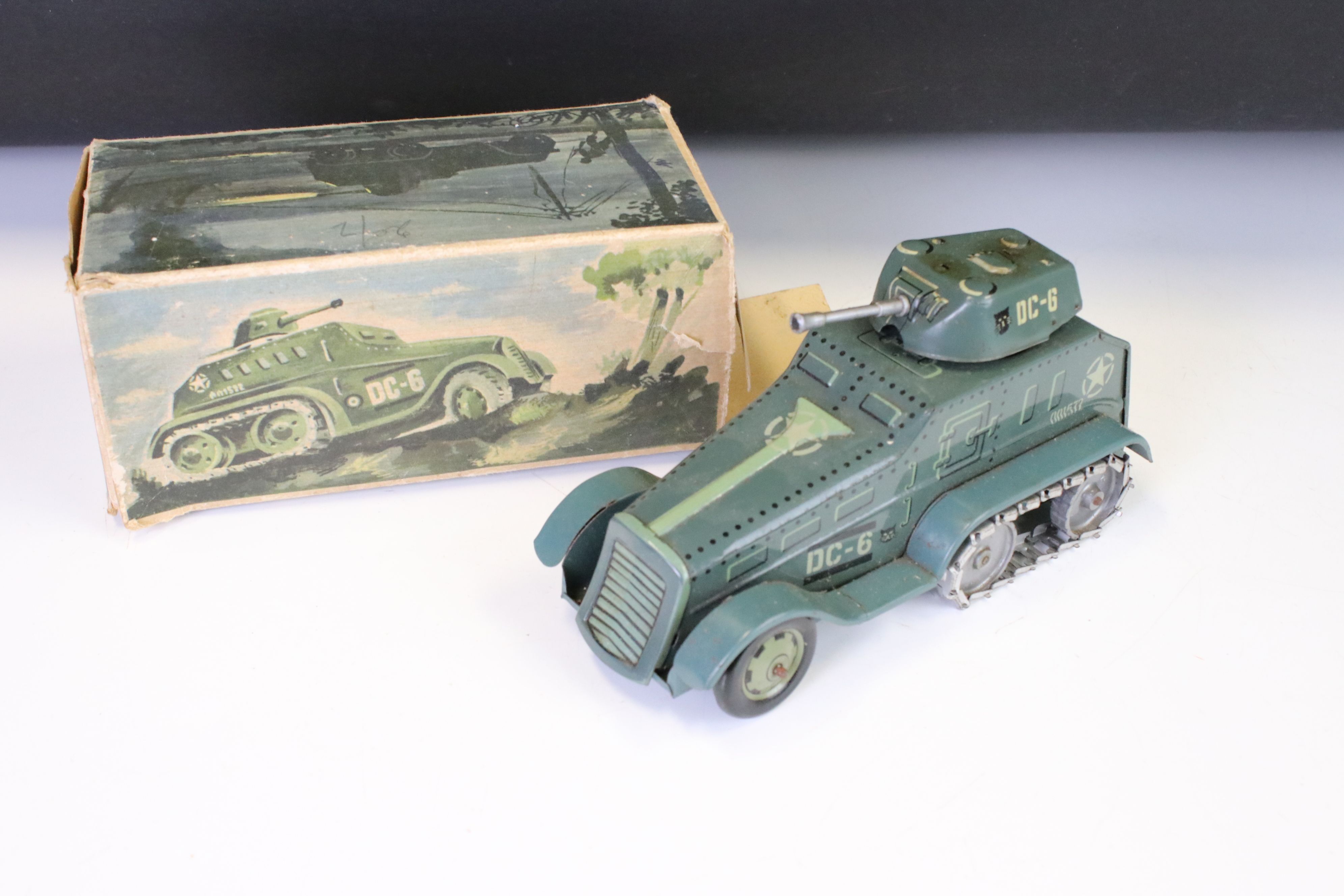 Seven mid 20th C tin plate models to include 2 x boxed 690 U.S. Armoured Half Tracks, boxed Ites - Image 6 of 6