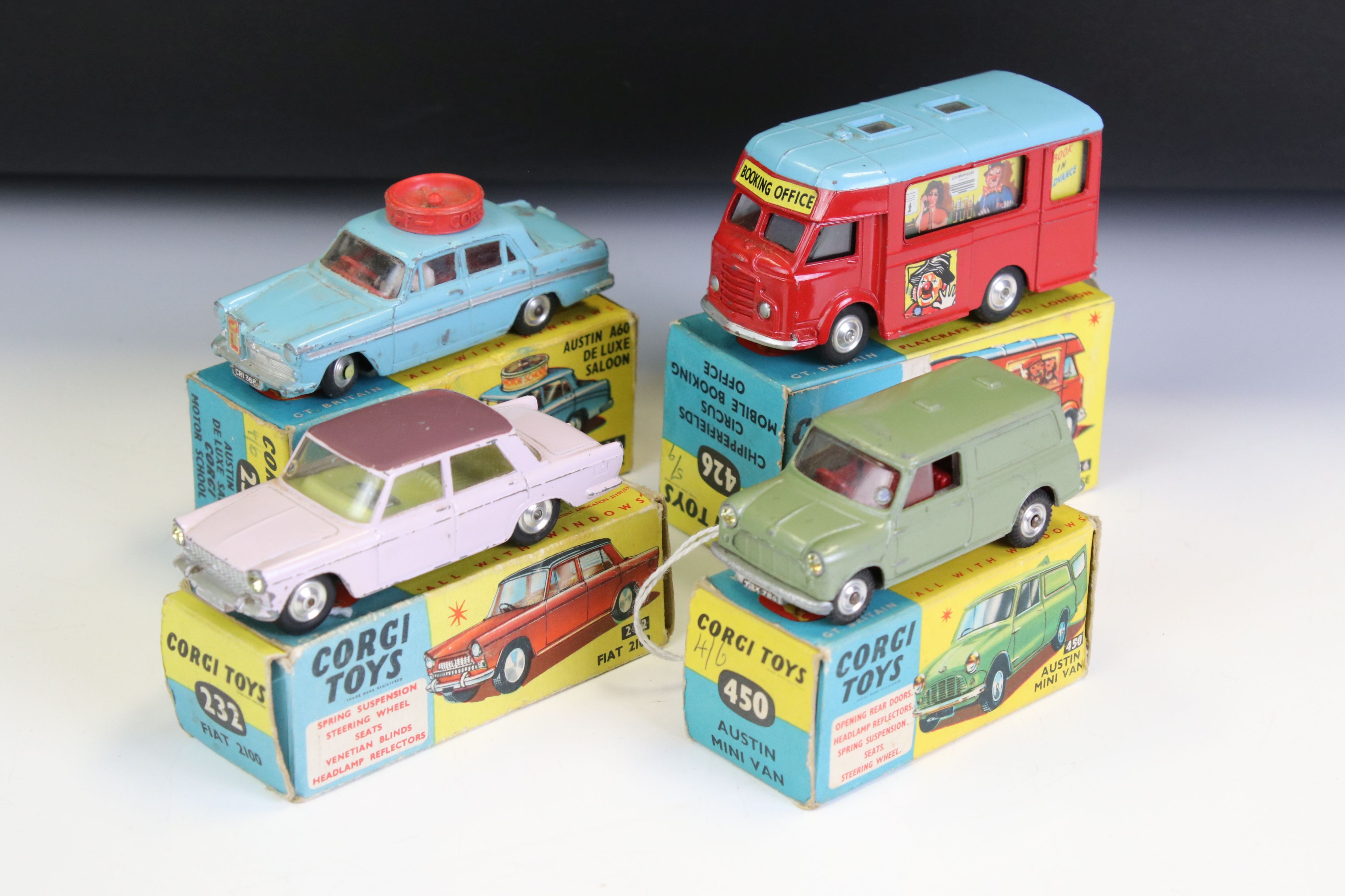 Four boxed Corgi diecast models to include 232 Fiat 200 in pink with mauve roof, 426 Chipperfield