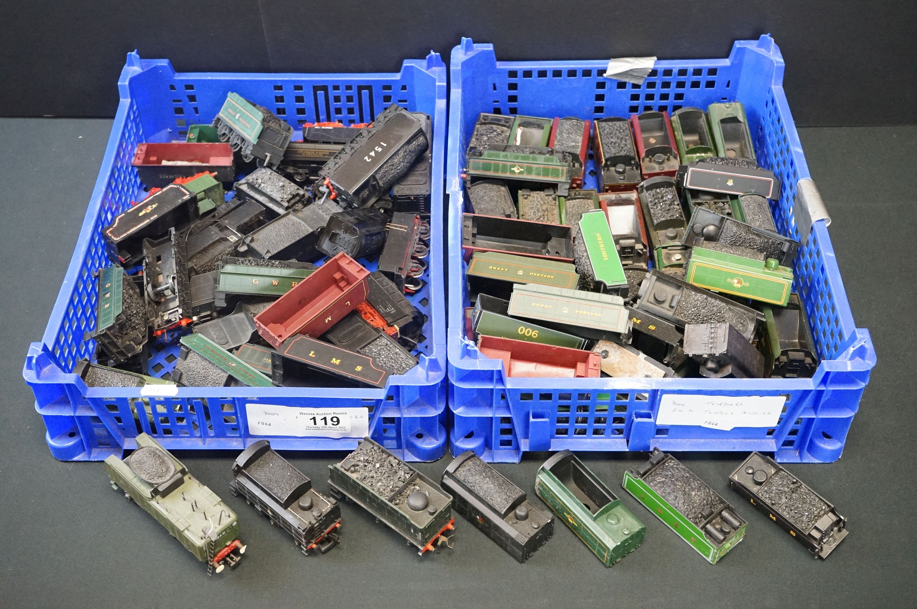 Collection of around 45 OO & HO gauge tenders and approximately 20 tender bodies (2 boxes)