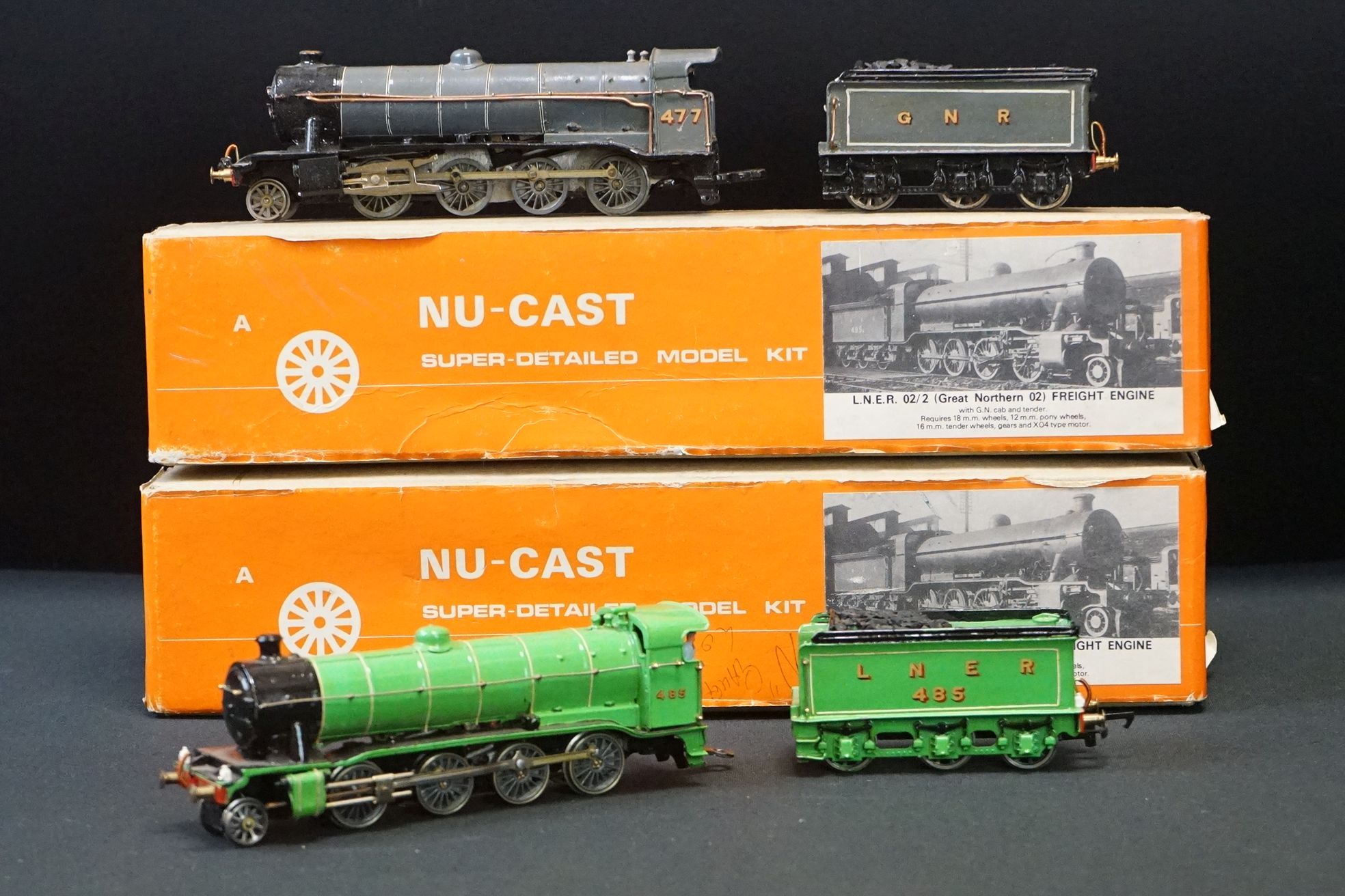 Two boxed & built Nu-Cast OO gauge LNER 02/2 Great Northern 02 locomotives, painted in different