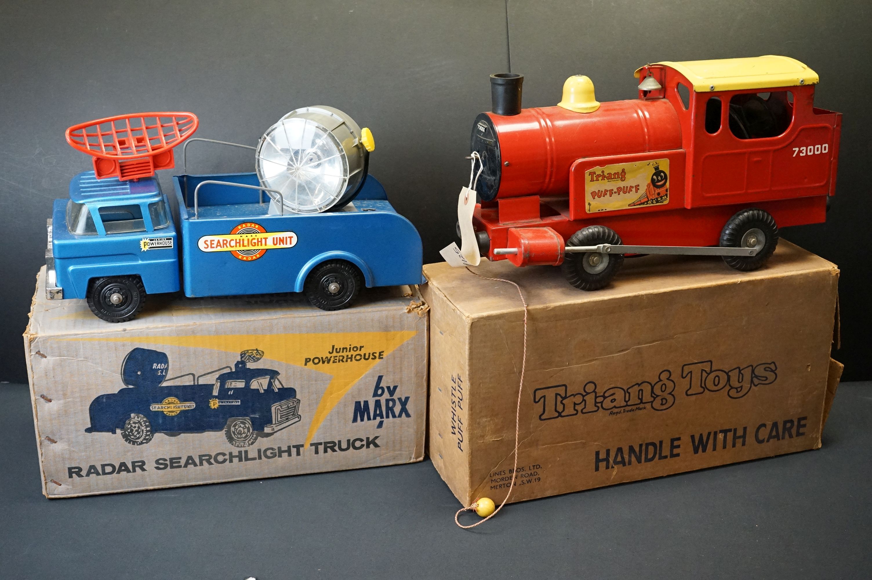 Two boxed metal toys to include Marx Radar Searchlight Truck and Triang Whistle Puff Puff, showing