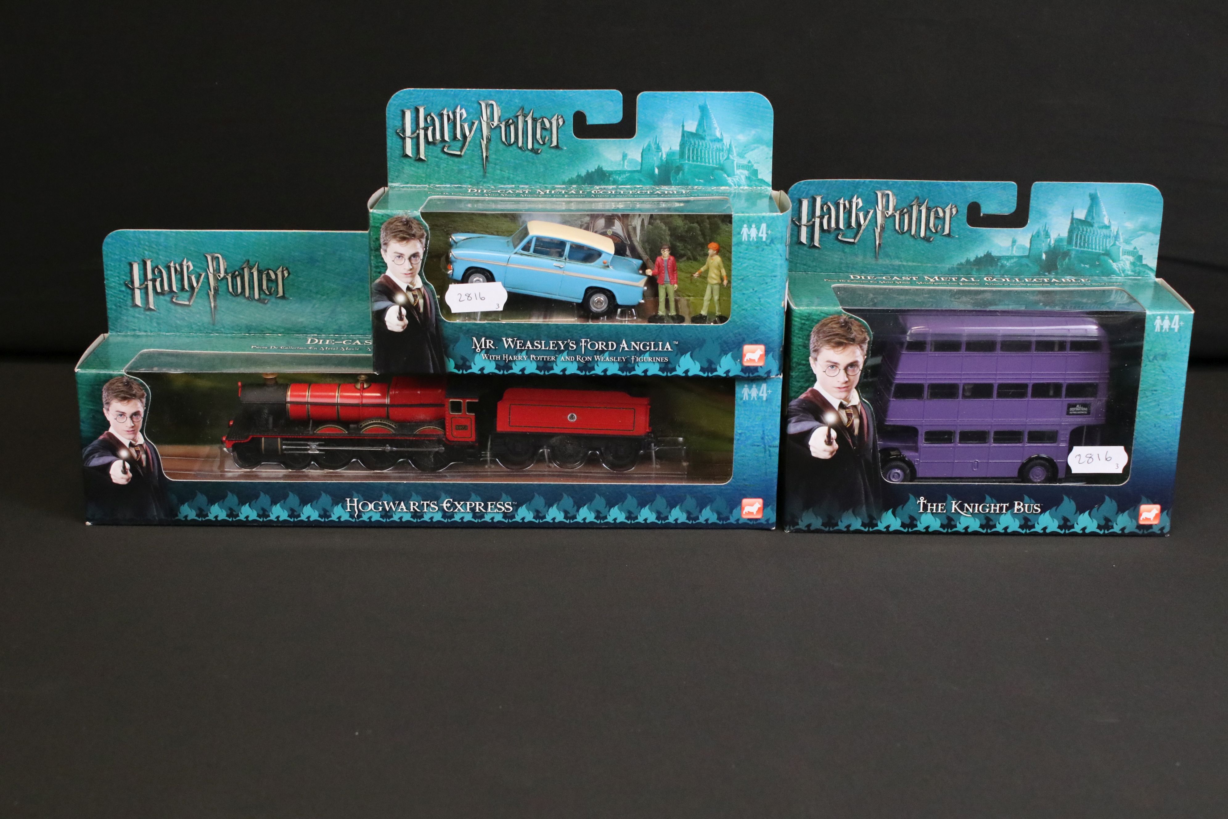 Three boxed Corgi Harry Potter diecast models to include The Knight Bus, Mr Weasley's Ford Anglia