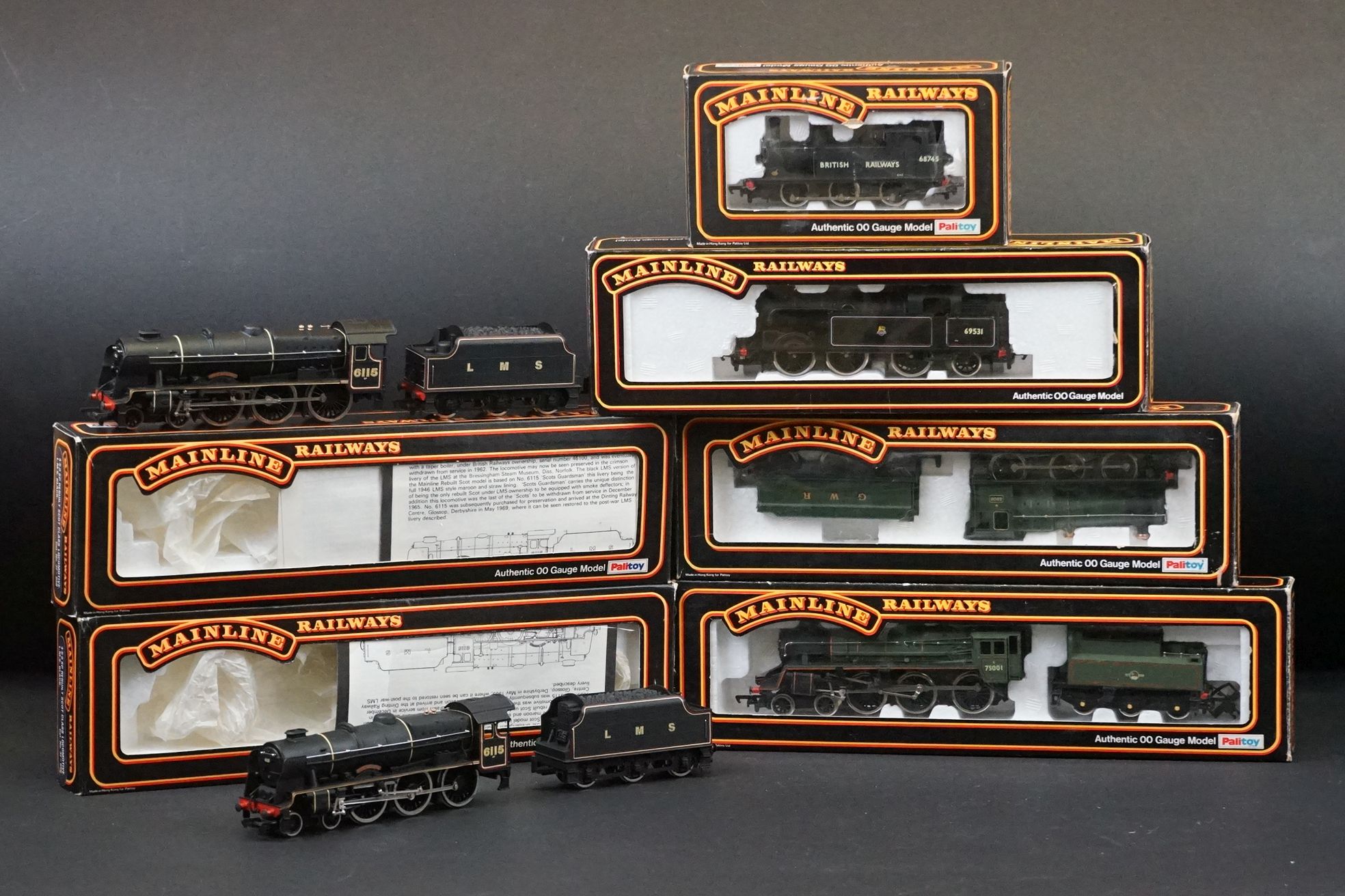 Six boxed Palitoy Mainline OO gauge locomotives to include 2 x 37056 4-6-0 6P Rebuilt Scot Class LMS