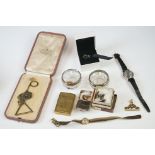 A small box of mixed collectables to include Zippo lighter, cut glass and sterling silver salts,