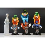 Three Murano glass clowns, featuring an accordion player example (largest 28.5cm high), together