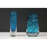 Two Whitefriars Textured Bark Vases in Kingfisher Blue, from Geoffrey Baxter's Textured range, to