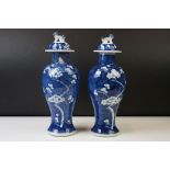 Pair of Chinese Blue and White vases & covers, of inverted baluster form, with flowering prunus tree