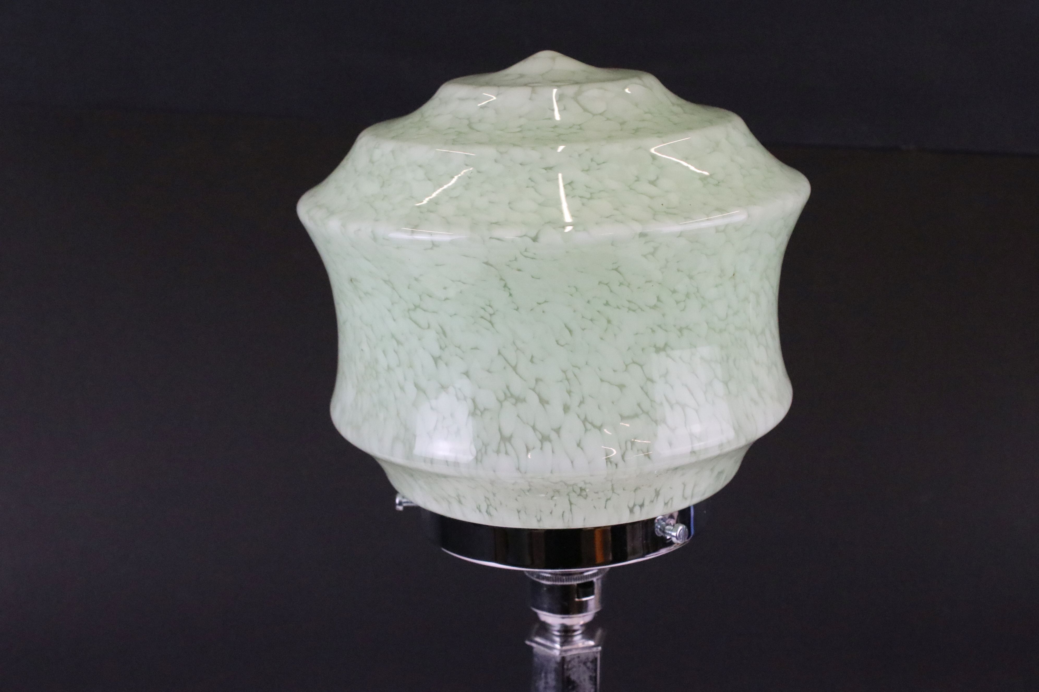 Art Deco chrome table lamp with mottled green glass shade, above a hexagonal column on an - Image 4 of 5