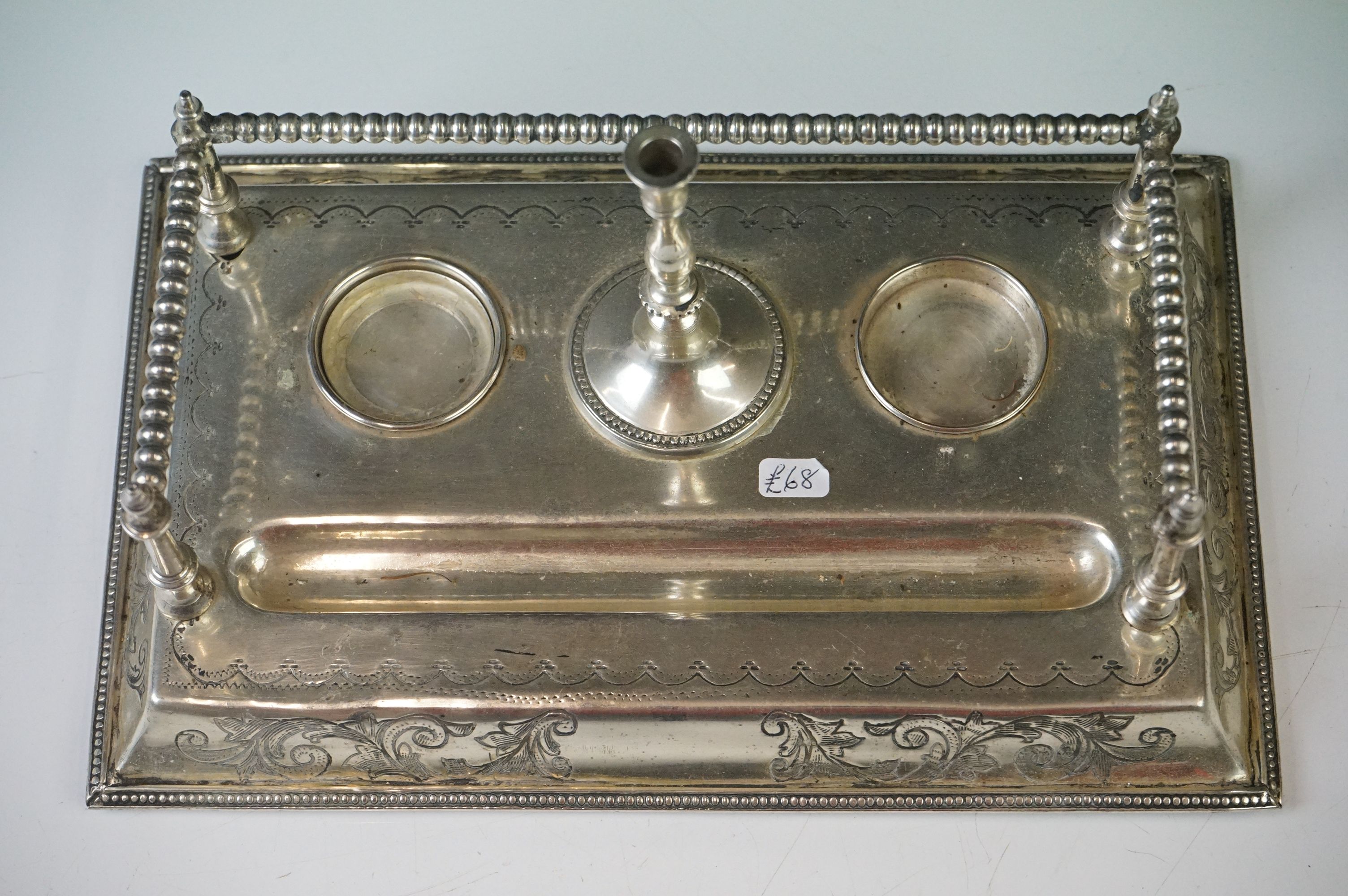 An antique silver plated standish with taper holder and double inkwells. - Image 4 of 14