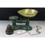 A set of mid 20th century Frederick Hill kitchen scales with weights together with a cistern pull