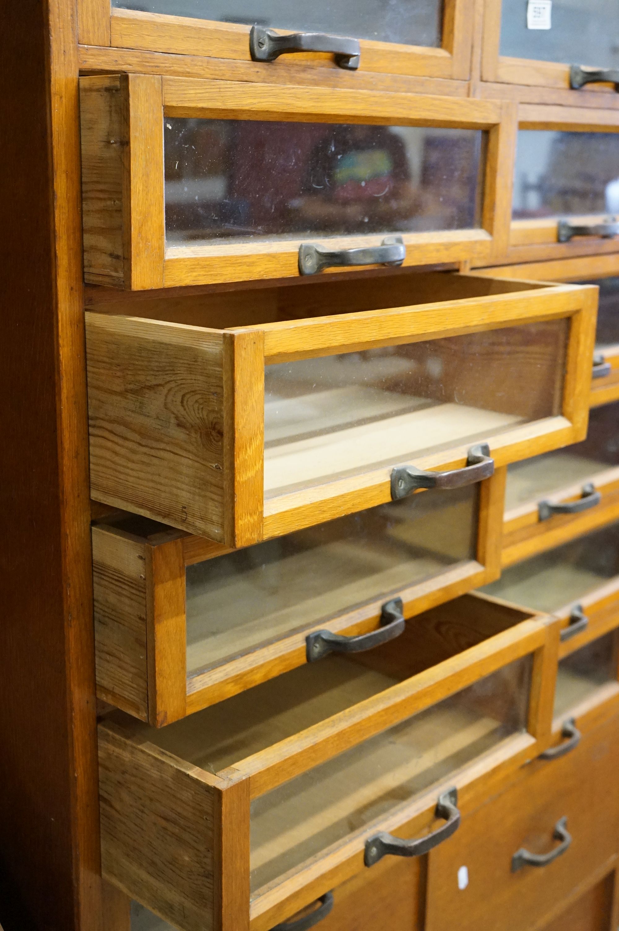 Early 20th century Shop Oak Haberdashery Cabinet with two banks of eight glass fronted drawers (16 - Image 6 of 8