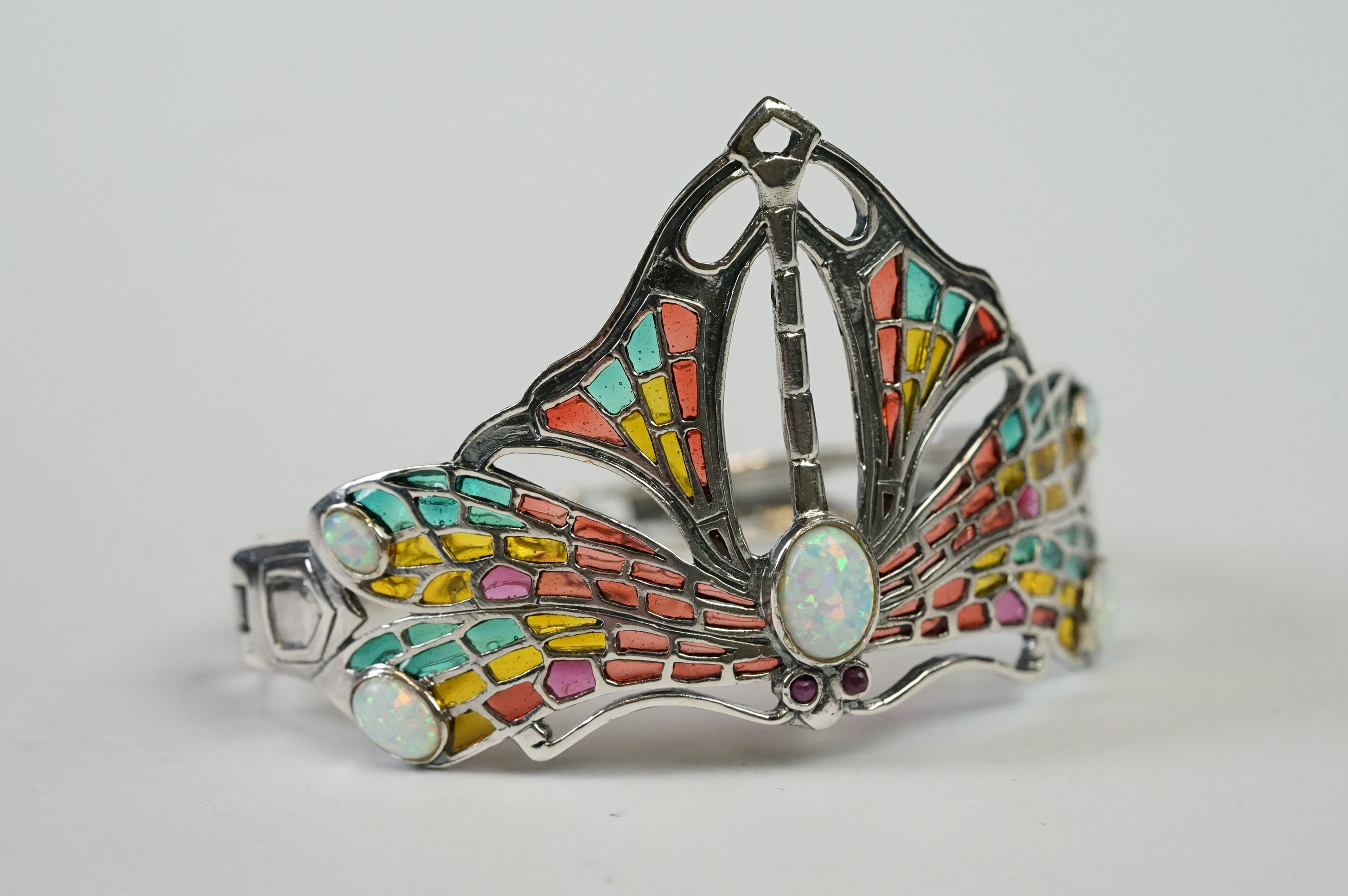 Large Silver Plique a Jour Cuff Bangle in the Art Deco style with opal cabochons