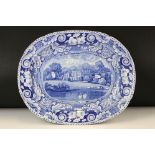 19th Century blue and white meat plate depicting Wistow Hall, Leicestershire. 49cm long x 39.5cm
