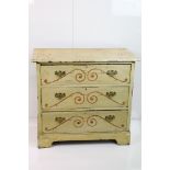 Victorian Yellow Painted Pine Chest of Three Long Drawers with painted scroll work decoration,