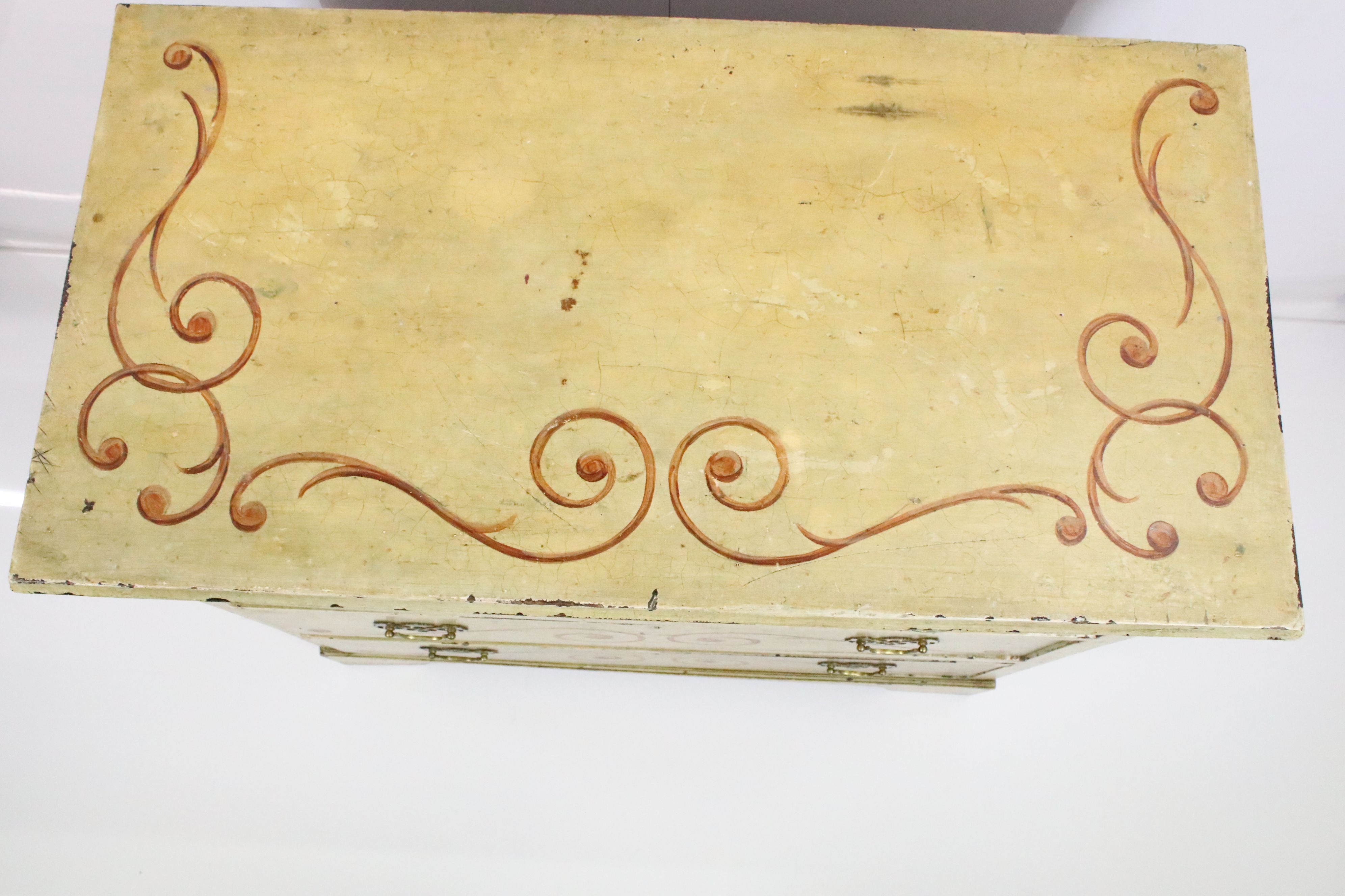 Victorian Yellow Painted Pine Chest of Three Long Drawers with painted scroll work decoration, - Image 3 of 6