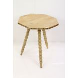 Victorian Pine Cricket type Table, the octagonal top raised on three bobbin legs, 53cm wide x 59cm