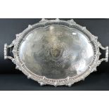 Large Mappin and Webb Silver Plated Oval Serving Tray with shaped gadrooned edge, foliate engraved