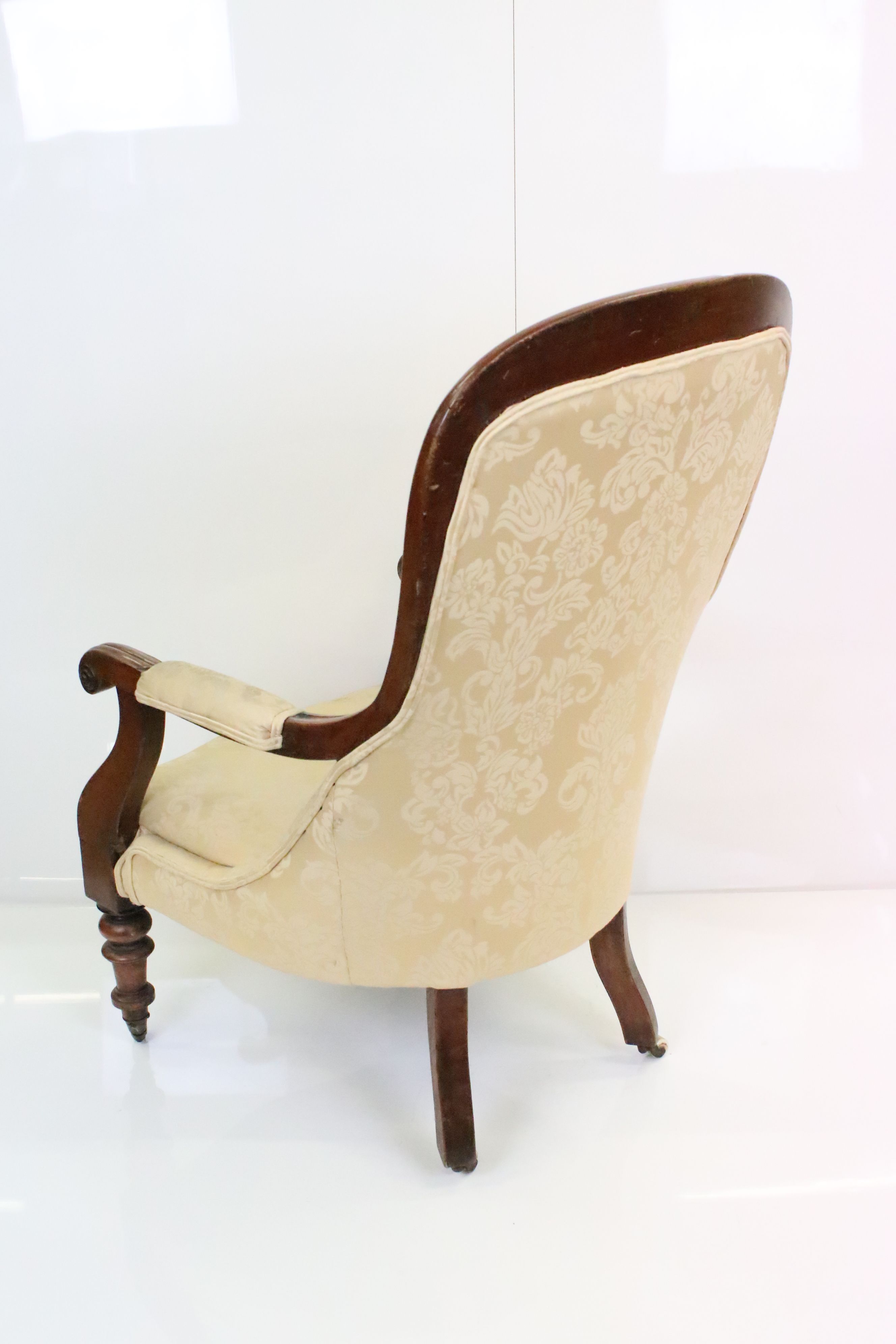 19th century Cream Upholstered Armchair, the mahogany show frame with scrolling carved arms, - Image 7 of 7