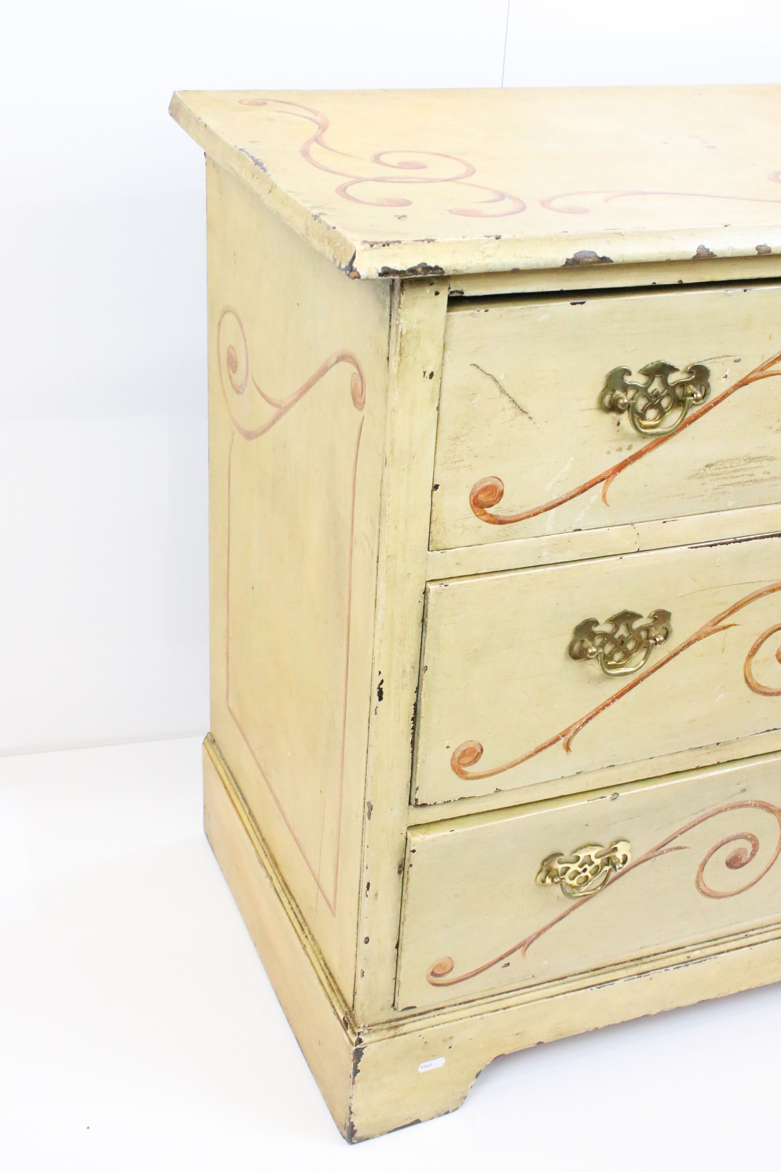 Victorian Yellow Painted Pine Chest of Three Long Drawers with painted scroll work decoration, - Image 2 of 6