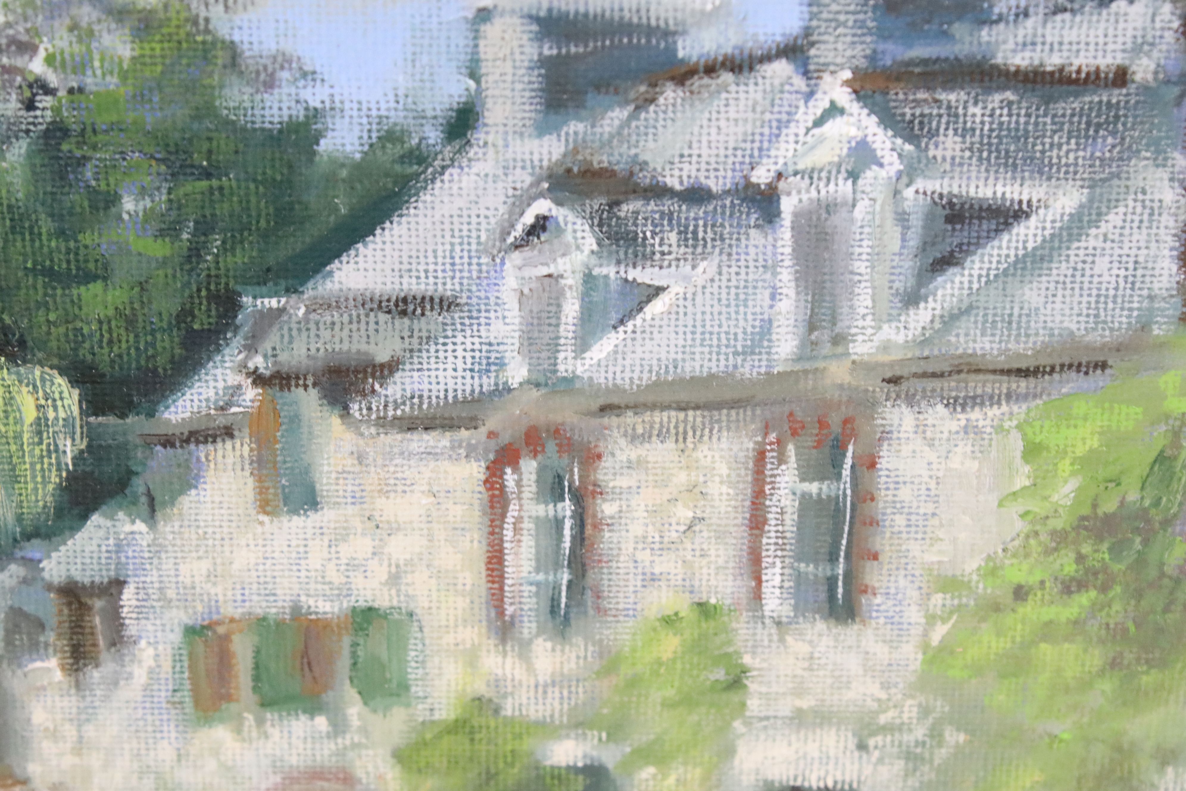JFW Oil on Board, Impressionist Estuary View with Woman by Country House, label on verso Booths - Image 4 of 6