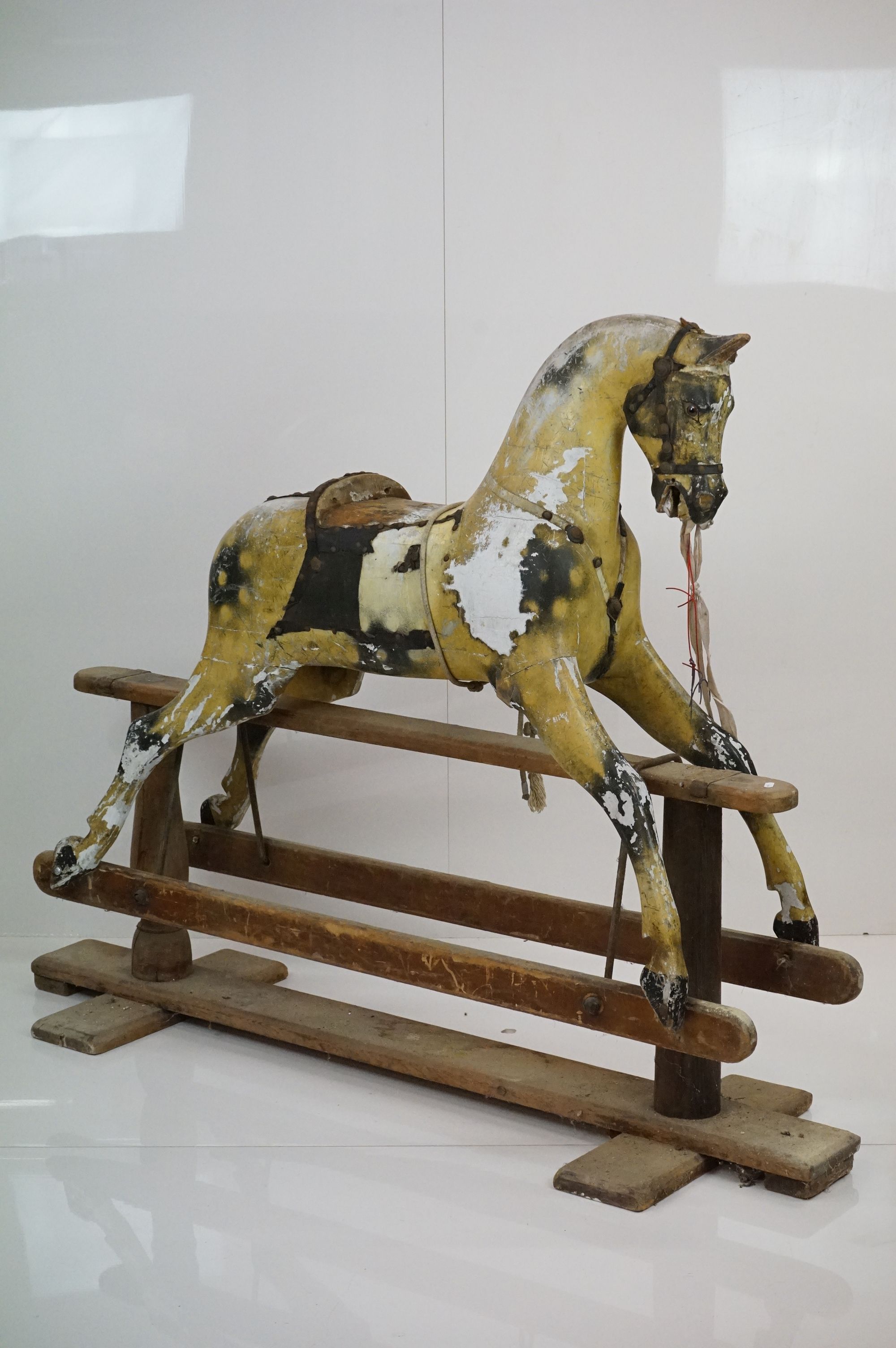 Victorian Carved Wooden Rocking Horse for restoration, painted dapple grey finish, inset glass eyes,