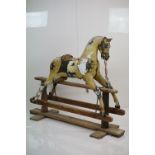 Victorian Carved Wooden Rocking Horse for restoration, painted dapple grey finish, inset glass eyes,