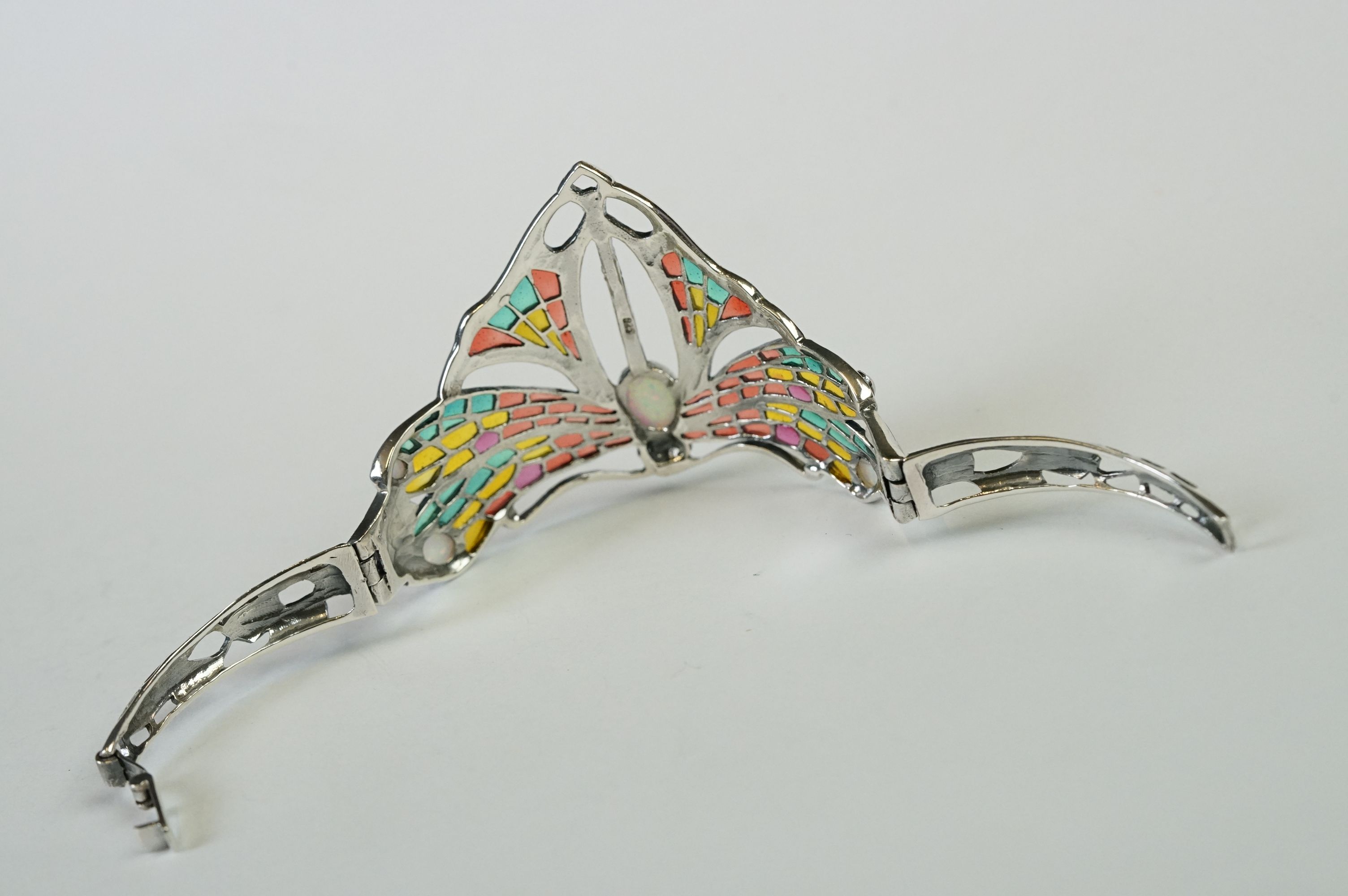 Large Silver Plique a Jour Cuff Bangle in the Art Deco style with opal cabochons - Image 10 of 11