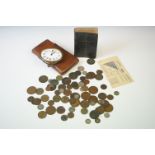 A small group of mixed collectables to include coins, clock, cigar case, bible....etc.