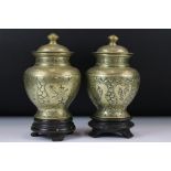 Pair of Chinese brass vases & covers, engraved with panels depicting birds amongst foliage, cast